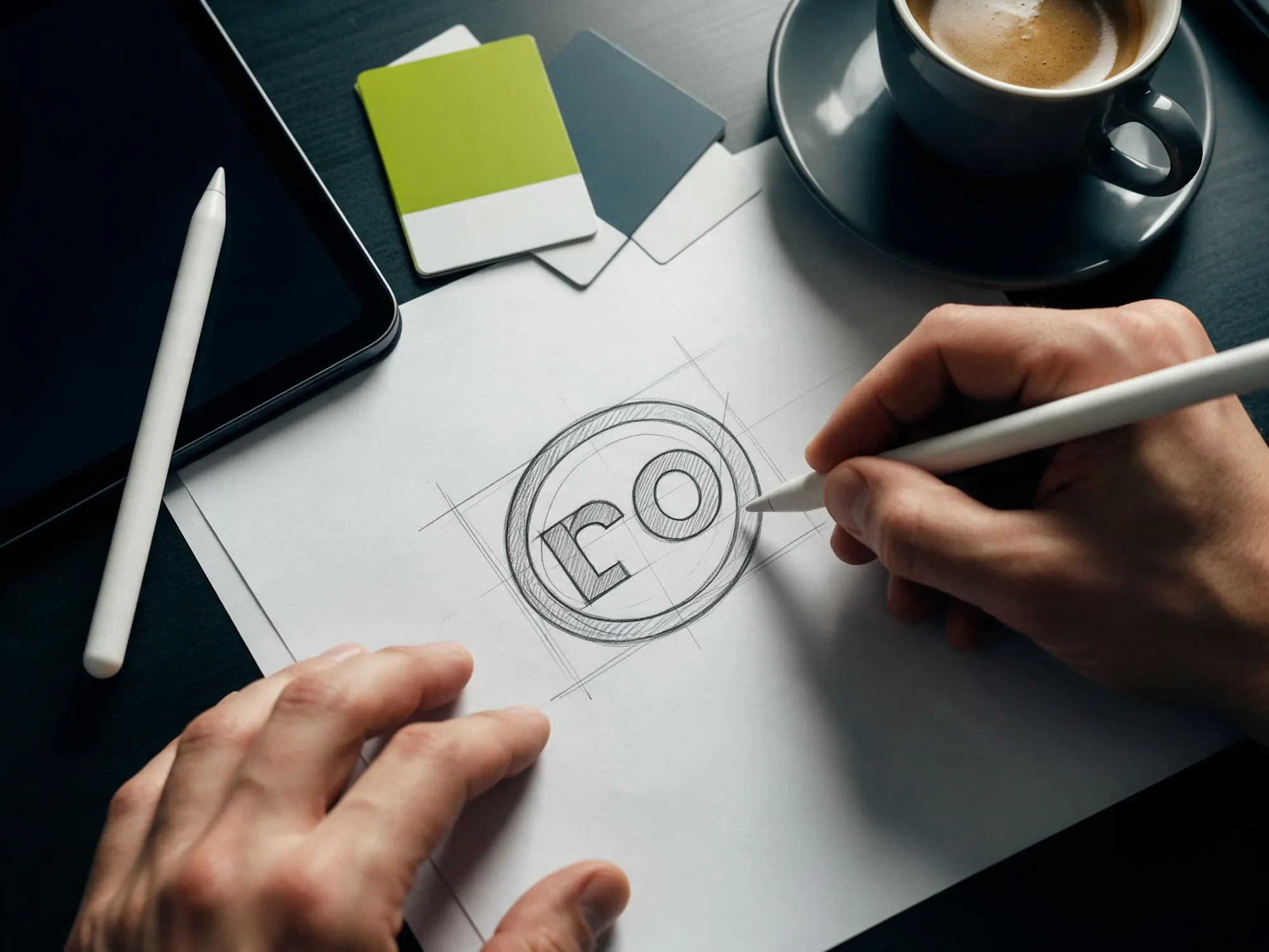 Mãos desenhando um logotipo com amostras de cor